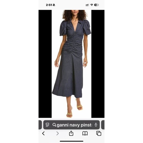 Ganni Navy Pinstripe Midi Dress With Ruched Waist & Puff Sleeves - Picture 3 of 10